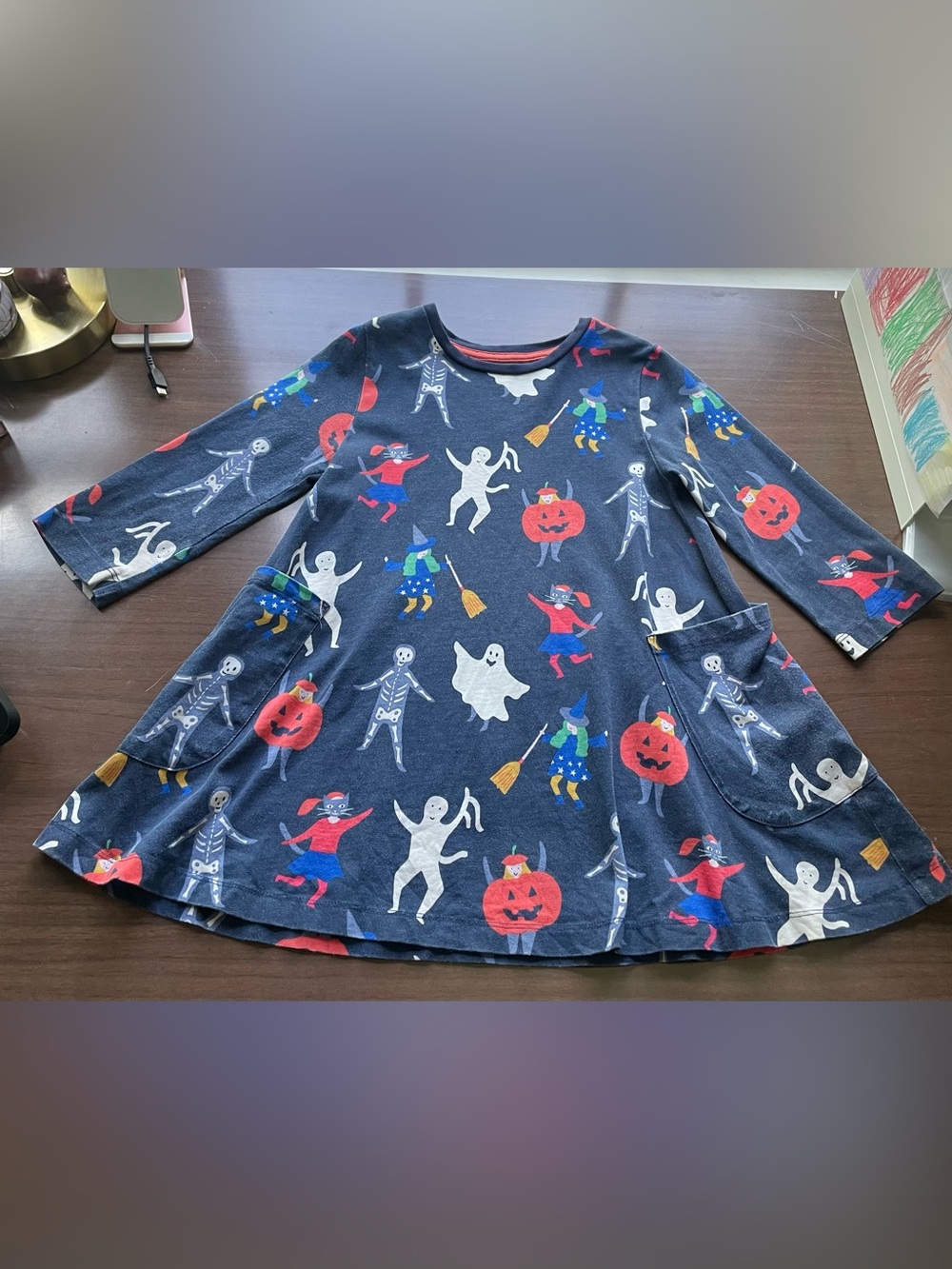Mini Boden Navy Halloween Dress with Ghosts, Pumpkins & Witches